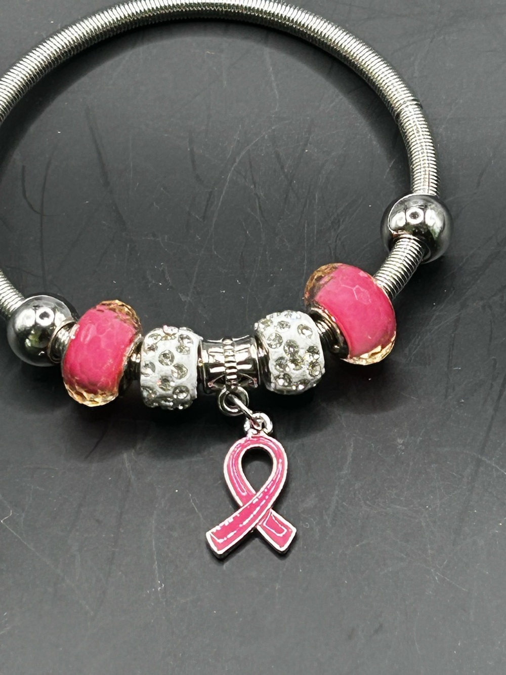 Breast, cancer awareness Bracelet Pink Ribbon Charm and Pink Glass Beads